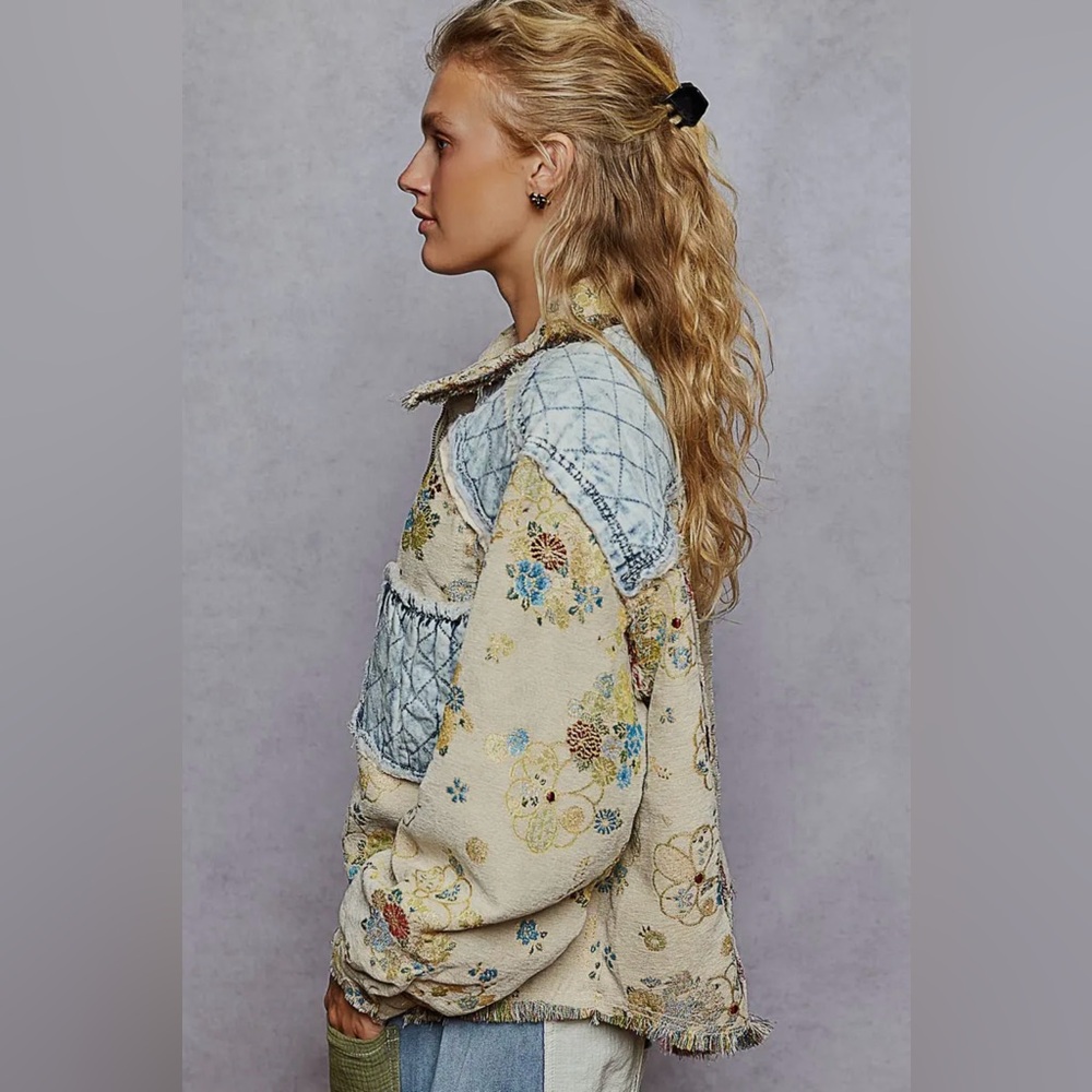 POL denim quilted tapestry floral patchwork jacquard boho pullover jacket coat - Picture 4 of 5